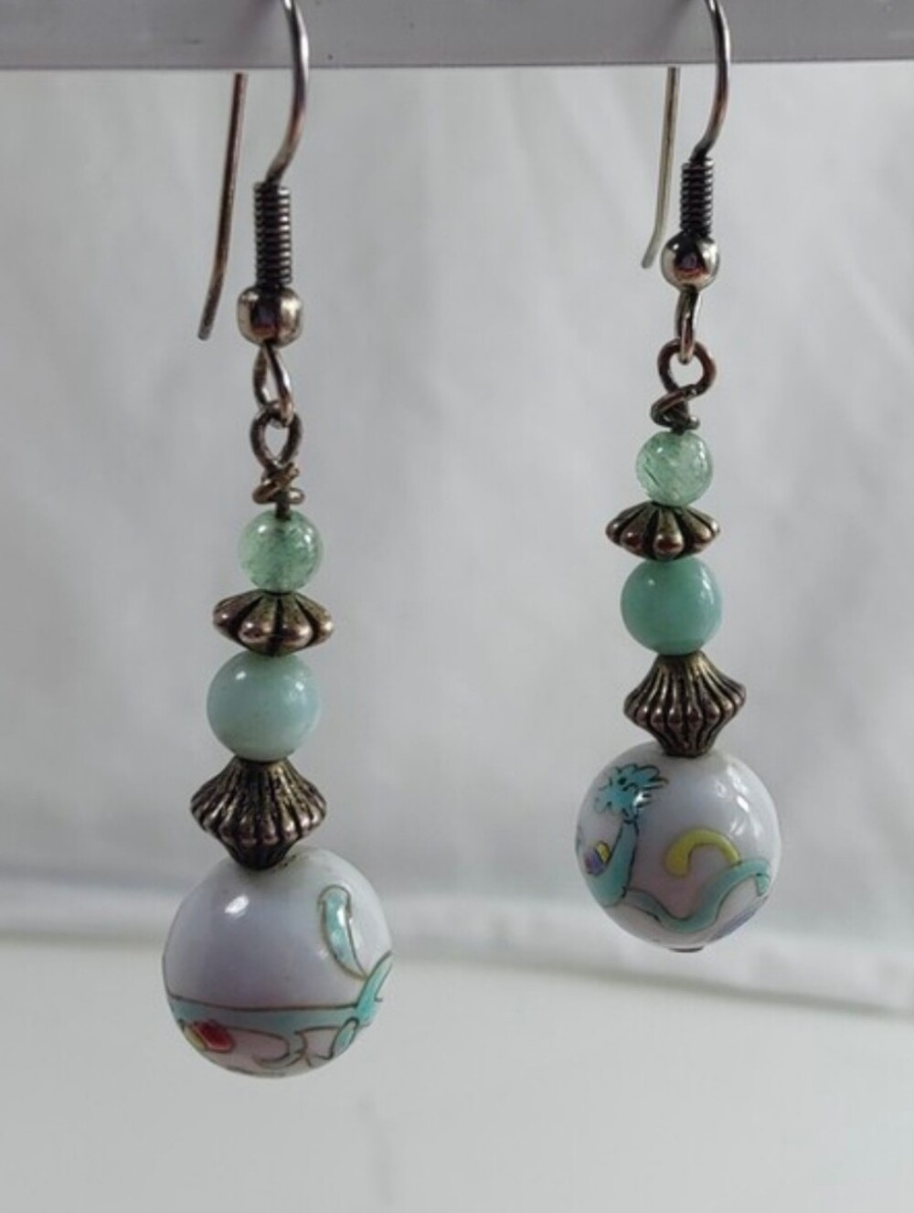 Asian Porcelain Bead Dangle Earrings Fish Hook Boho Artisan Floral Scroll White